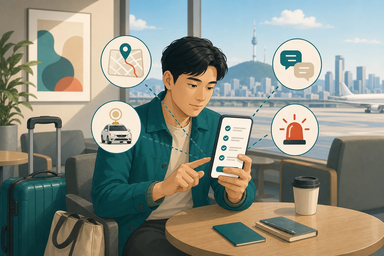 Illustration of a traveler preparing map, translation, taxi and emergency tools on a phone before a Korea trip.
