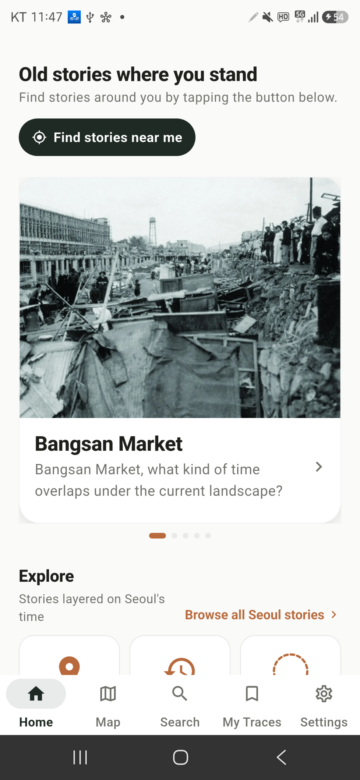 PastHere Seoul Android home screen in English showing nearby history stories and a Bangsan Market card.