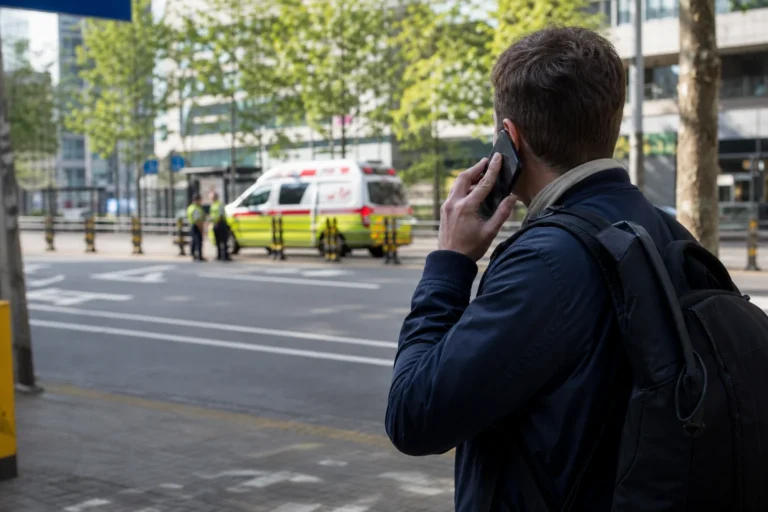 A traveler calls for help on a modern Seoul street while an emergency vehicle stands in the distant background.