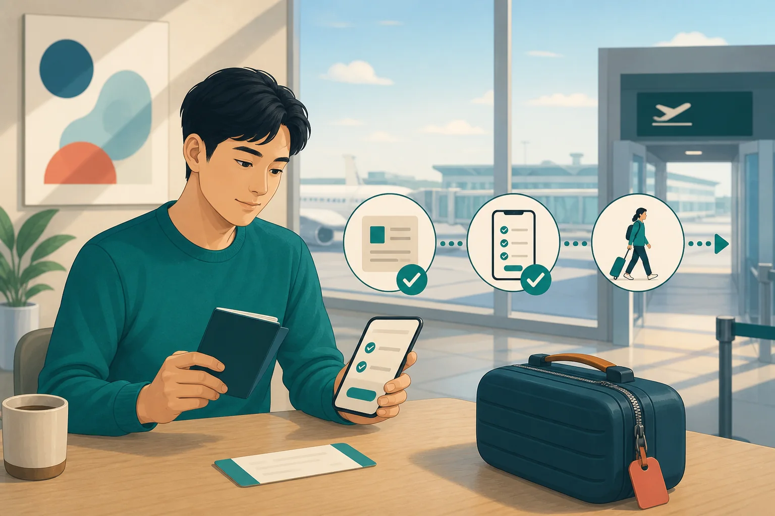 Illustration of a traveler checking entry documents and a phone checklist before going through an airport gate.
