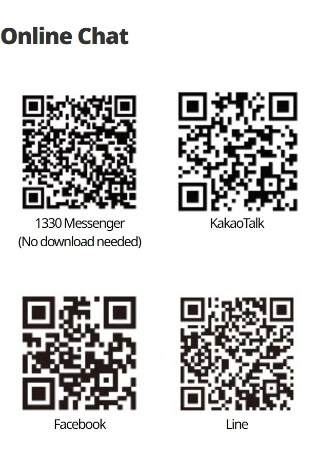 韓國觀光公社官方求助頁的 Online Chat 區塊，1330 Messenger 標示為不需下載